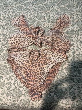 Leopard Print Tie-Front Bikini Set - Tan